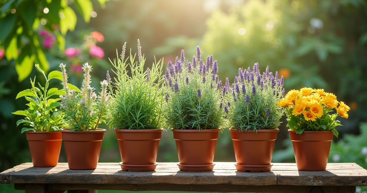 Vasos de arruda, alecrim, lavanda e espada-de-são-jorge juntos 