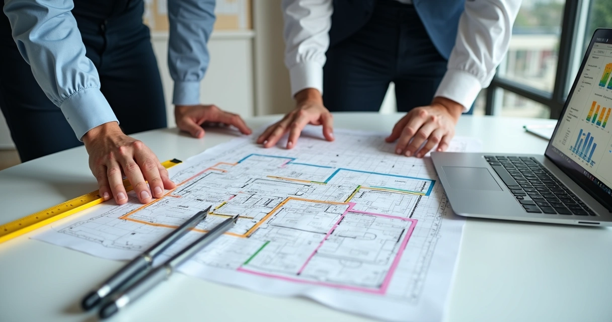 Planta baixa de imóvel com engenheiro apontando detalhes 