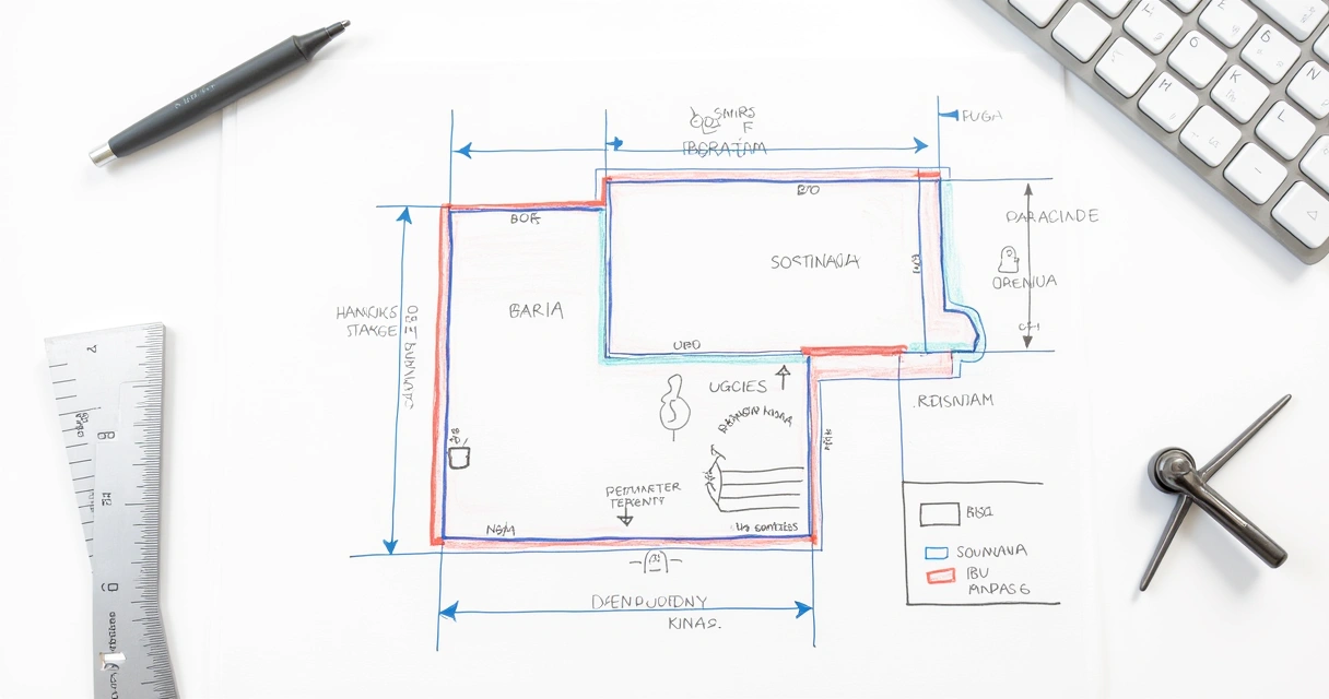 Desenho técnico de planta de terreno com marcações de limites e áreas 