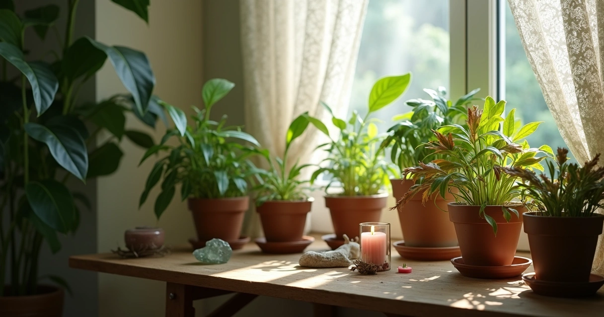 Plantas de casa murchas e folhas caídas. 
