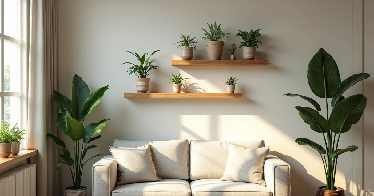 Plantas em prateleiras na parede de sala pequena 