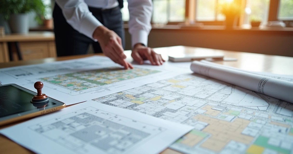 Plantas topográficas de imóvel rural sobre mesa de escritório 