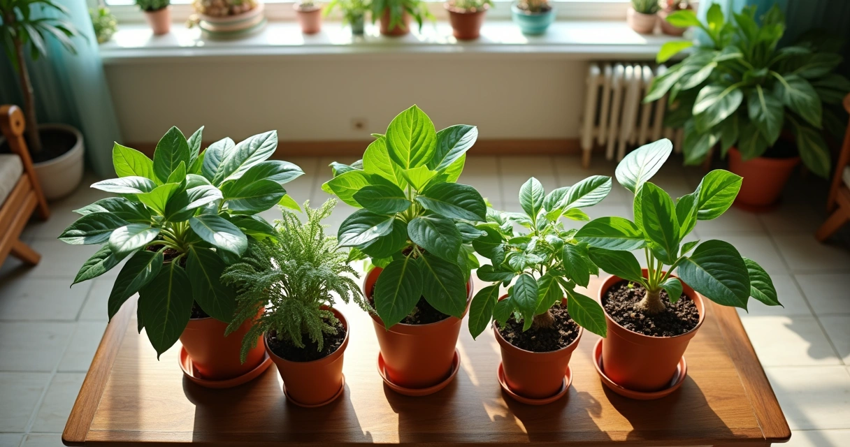 Diferentes plantas tóxicas dispostas em vasos sobre uma mesa de madeira