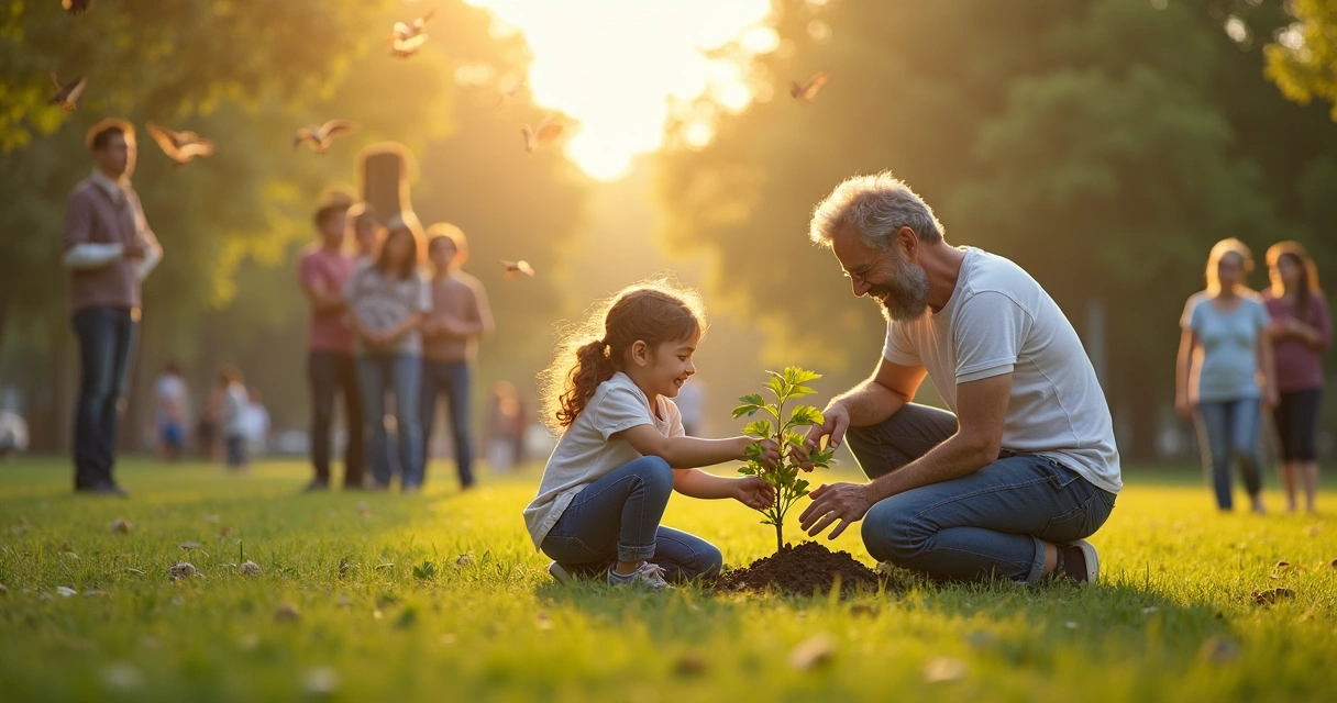 Child and adult planting a small tree together in a park, with older and younger people watching and helping nearby, sunny atmosphere. 