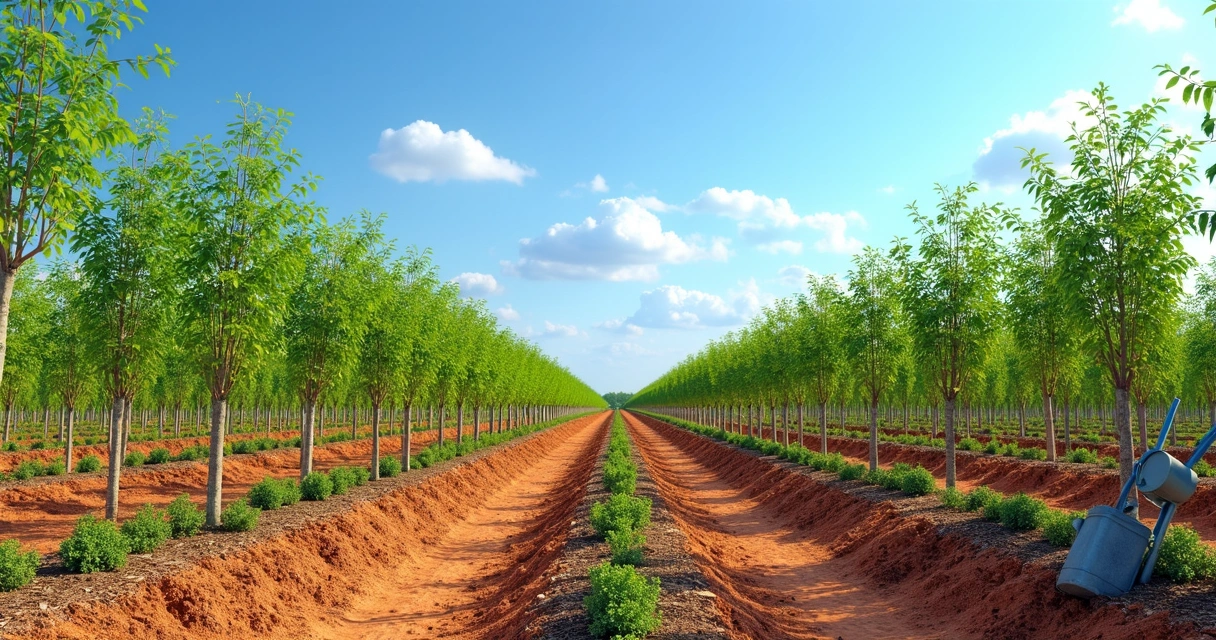 Plantio de moringa com linhas de árvores jovens em solo seco e céu azul