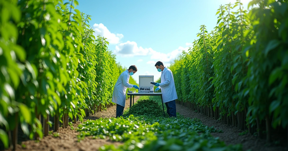 Campo de cultivo de moringa com pesquisadores coletando folhas