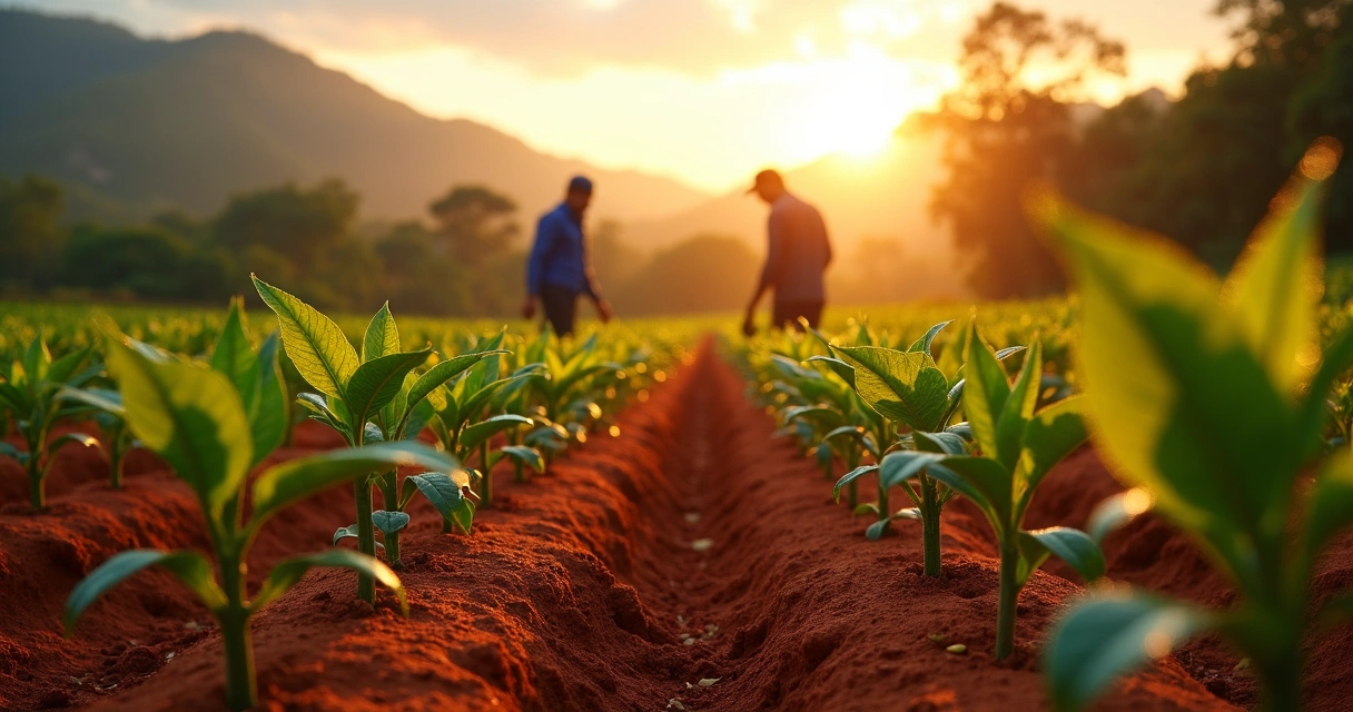 Plantação de pés de café arábica jovem no solo fértil ao amanhecer, em Minas Gerais 