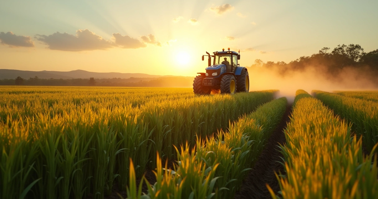 Campo de soja na fase inicial de plantio ao amanhecer com céu claro e maquinaria agrícola trabalhando 