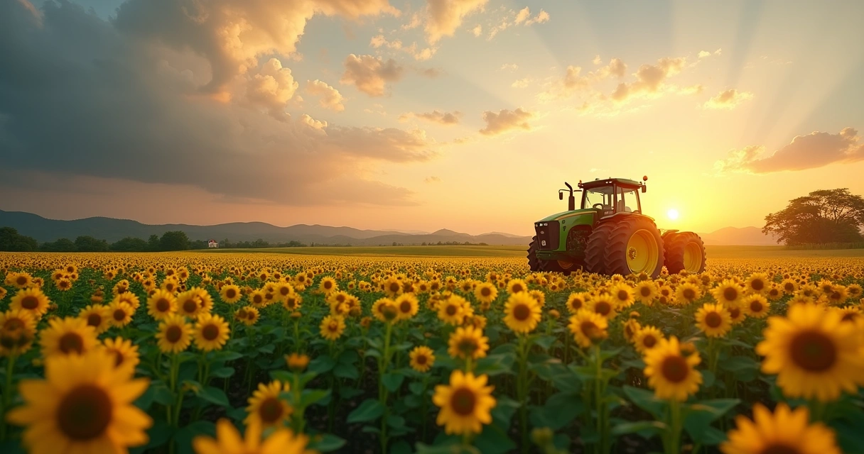 Campo de soja recém-plantado com maquinário agrícola em ação sob céu limpo e luz do entardecer 