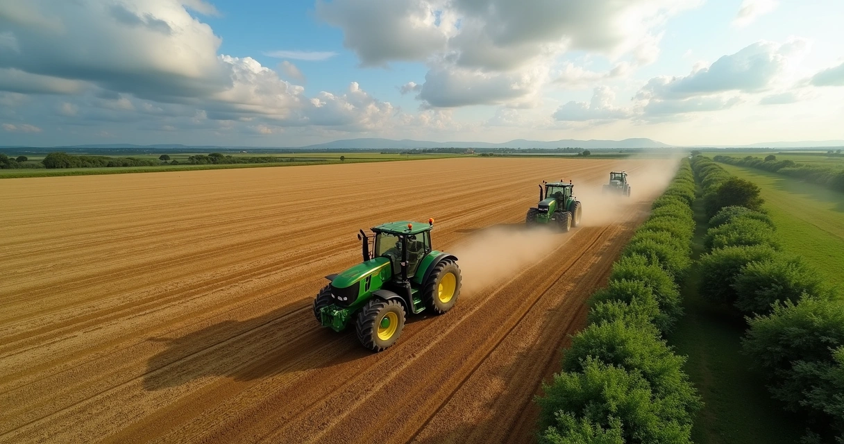 Plantio de soja em Mato Grosso, com grande maquinário e céu aberto. 