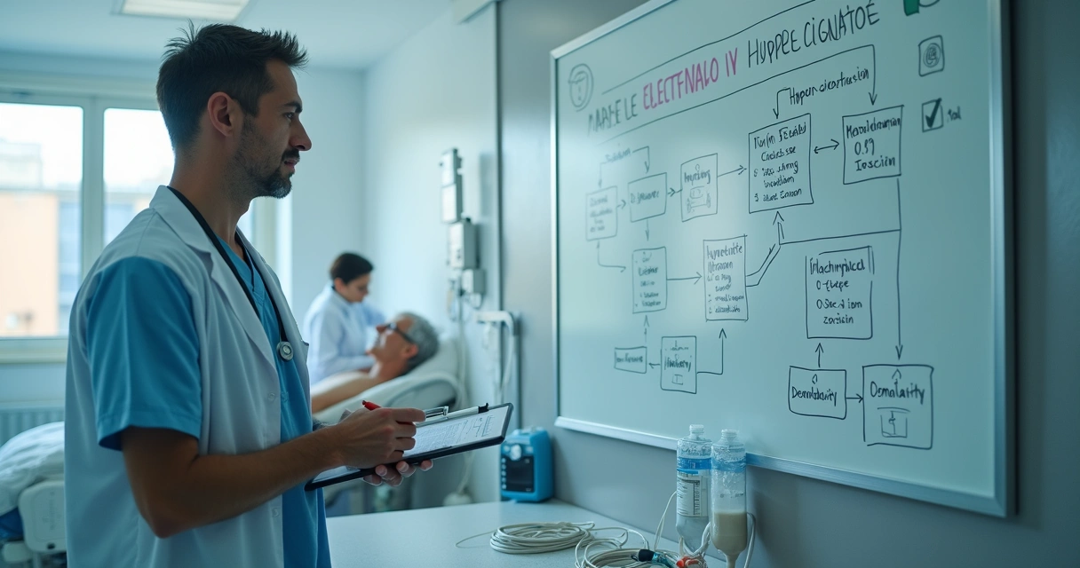 Médico organizando fluxograma de tratamento do estado hiperosmolar em quadro branco na sala de emergência 