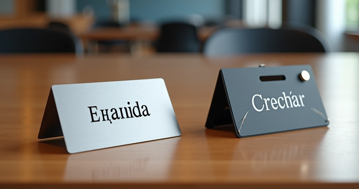 Plaqueta metálica simples ao lado de crachá personalizado 