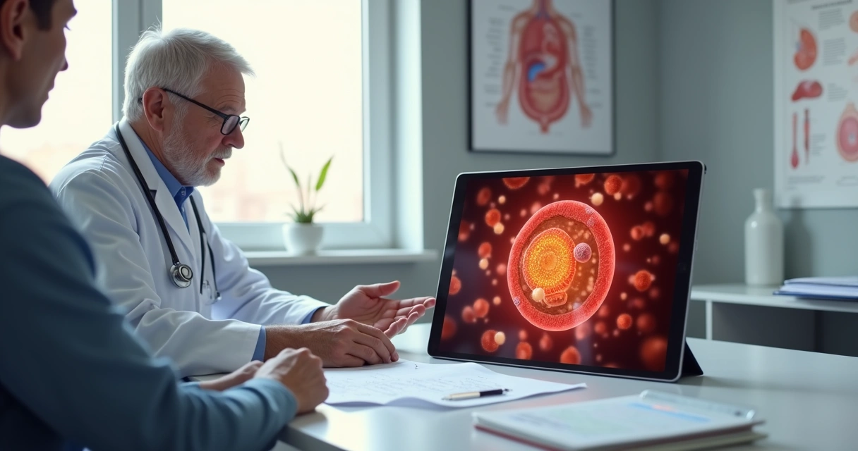 Hematologista mostra representação de plaquetas elevadas em exame durante consulta. 
