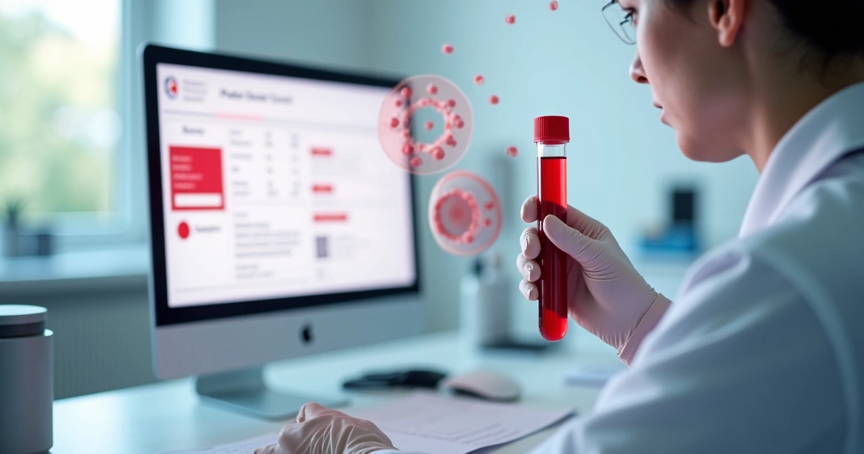 Médico segurando tubo de exame de sangue com foco nas plaquetas baixas. 