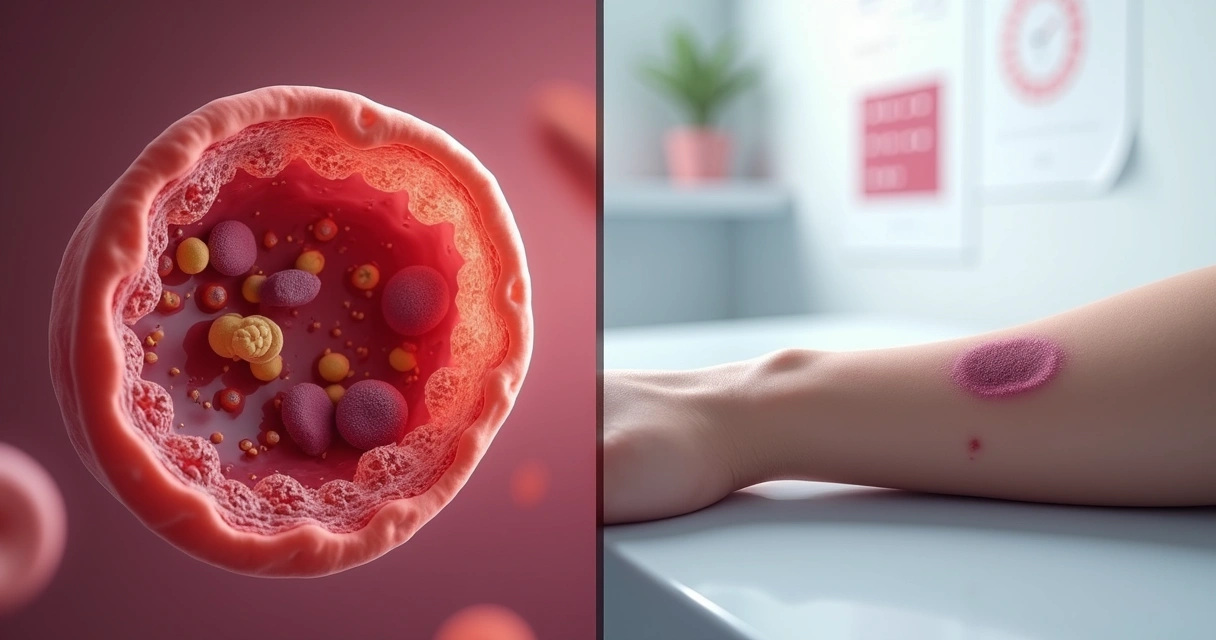 Ilustração de plaquetas baixas com vasos sanguíneos e pequenas manchas roxas na pele 