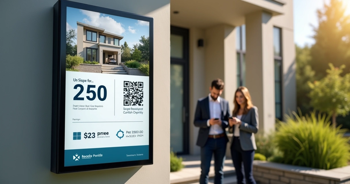 Plaquinha digital moderna em fachada de imóvel com corretores ao fundo e interface tecnológica exibida 