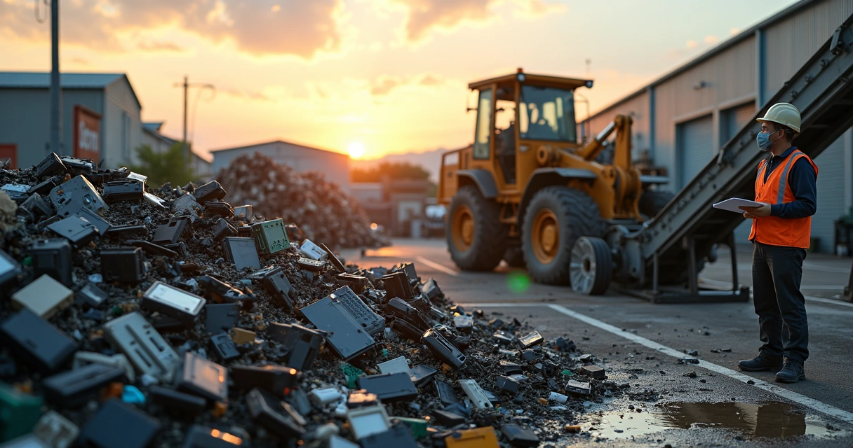 Montanha de plástico de lixo eletrônico sendo processada em recicladora industrial 