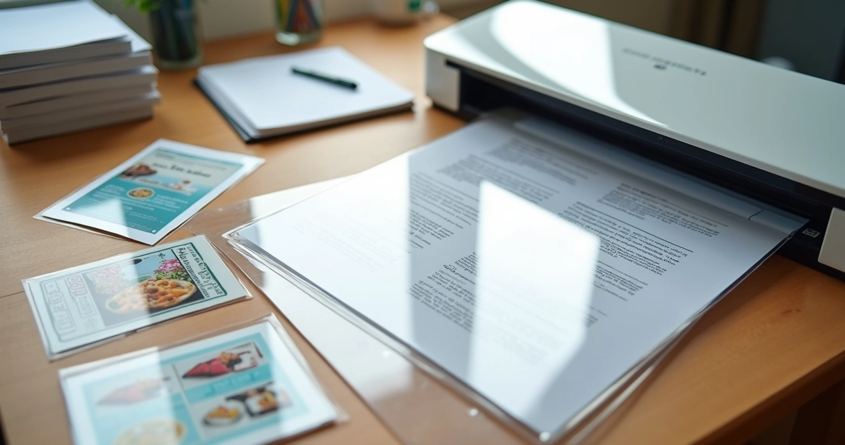 Folhas de plástico para plastificação com documentos e menus em mesa de escritório 