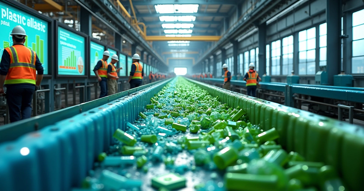 Indústria de reciclagem de plásticos com equipamentos modernos e trabalhadores operando máquinas