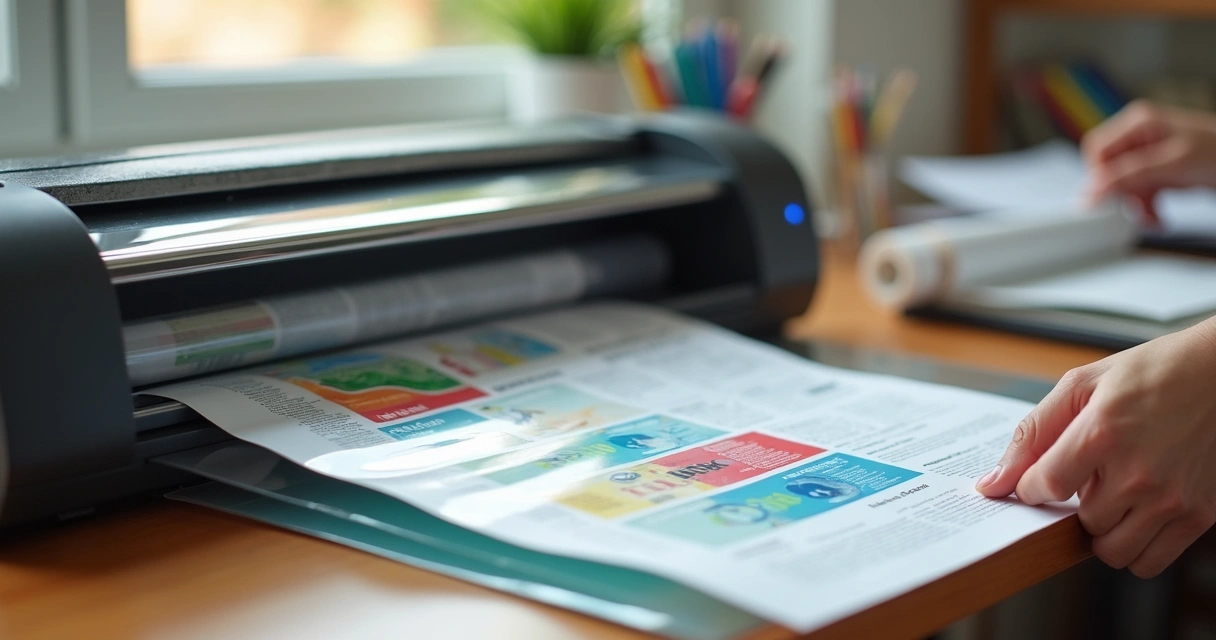 Máquina plastificadora em funcionamento com plástico transparente e documentos 
