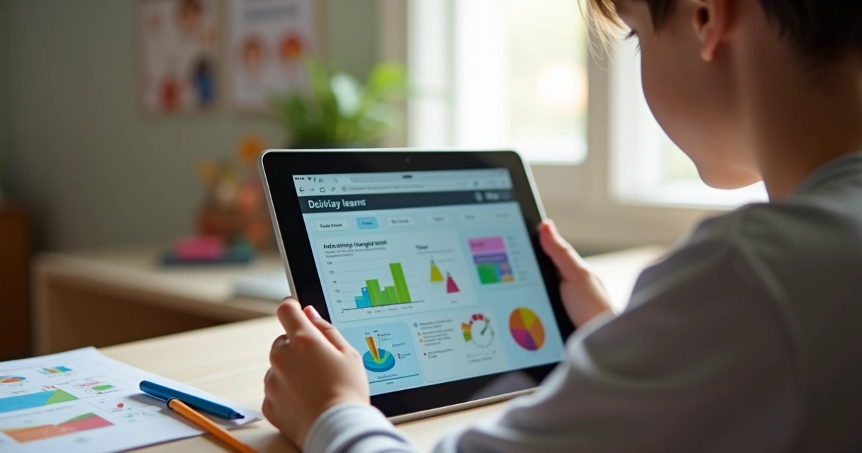 Aluna utilizando plataforma adaptativa em tablet 