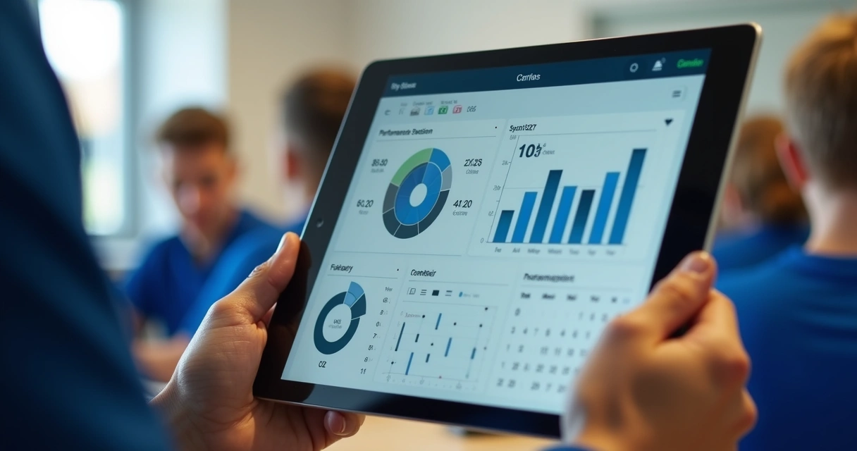 Painel online com gráficos de desempenho e agenda esportiva visualizada em tablet 