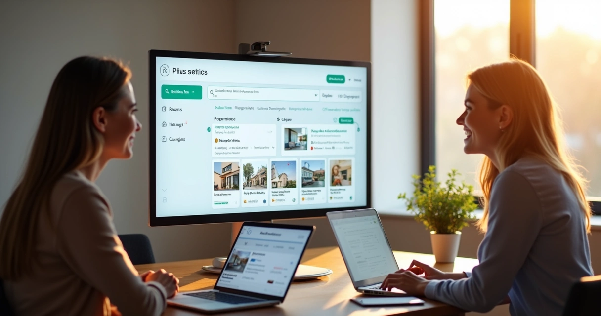 Plataforma online com busca de imóveis e chats abertos na tela