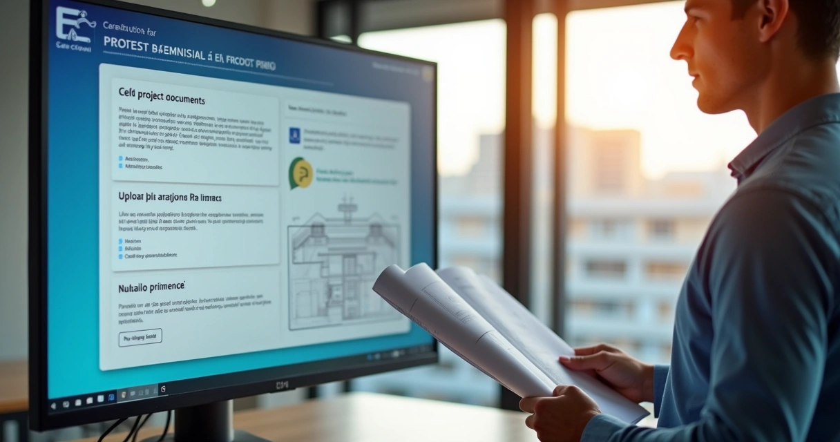 Tela de computador mostrando plataforma digital de aprovação de obras em ambiente de escritório 