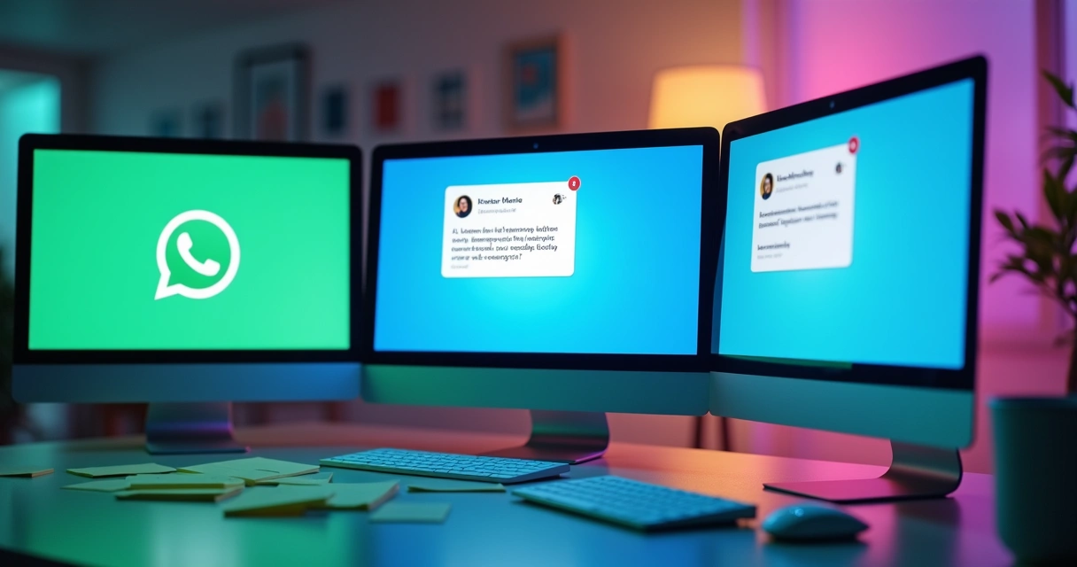Interface de uma plataforma de atendimento ao cliente integrando WhatsApp, Facebook e Instagram em telas lado a lado 