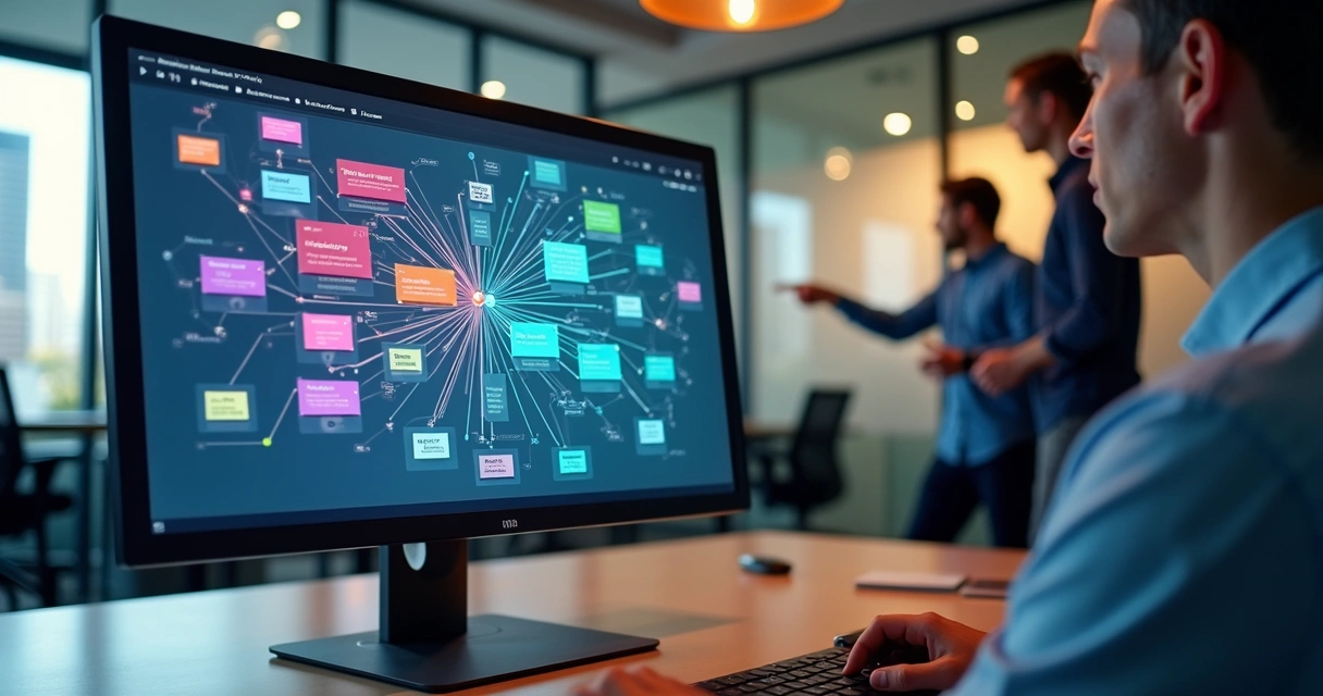 Tela de computador exibindo workflow visual n8n