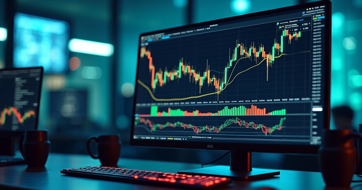 Interface de plataforma automatizada para trading de criptomoedas exibida em tela de computador com gráficos, bots e dados de negociação 