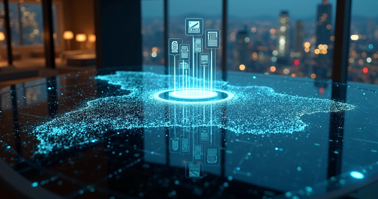 Visualização aérea de plataforma de big data fiscal com fluxo de dados digitais 