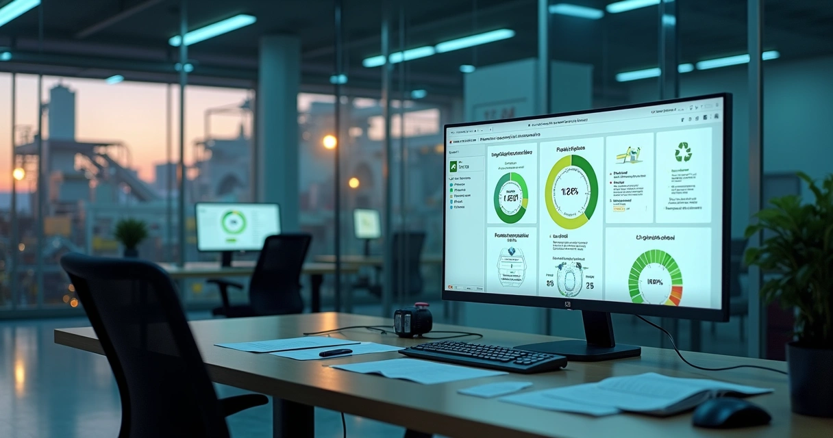 Tela de plataforma online de captação LIR integrada a uma usina de reciclagem ao fundo 
