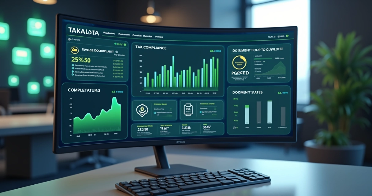 Painel digital de plataforma centralizadora tributária mostrando análise de dados fiscais 