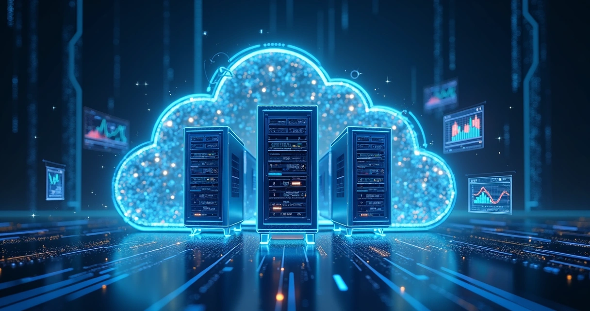 Ilustração realista de plataforma em nuvem com servidores conectados a gráficos de análise e dados digitais 