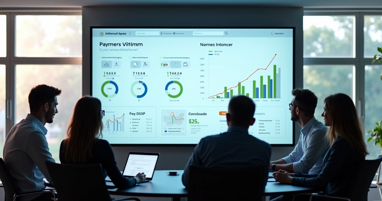 Dashboard de plataforma de cobrança e equipe analisando indicadores