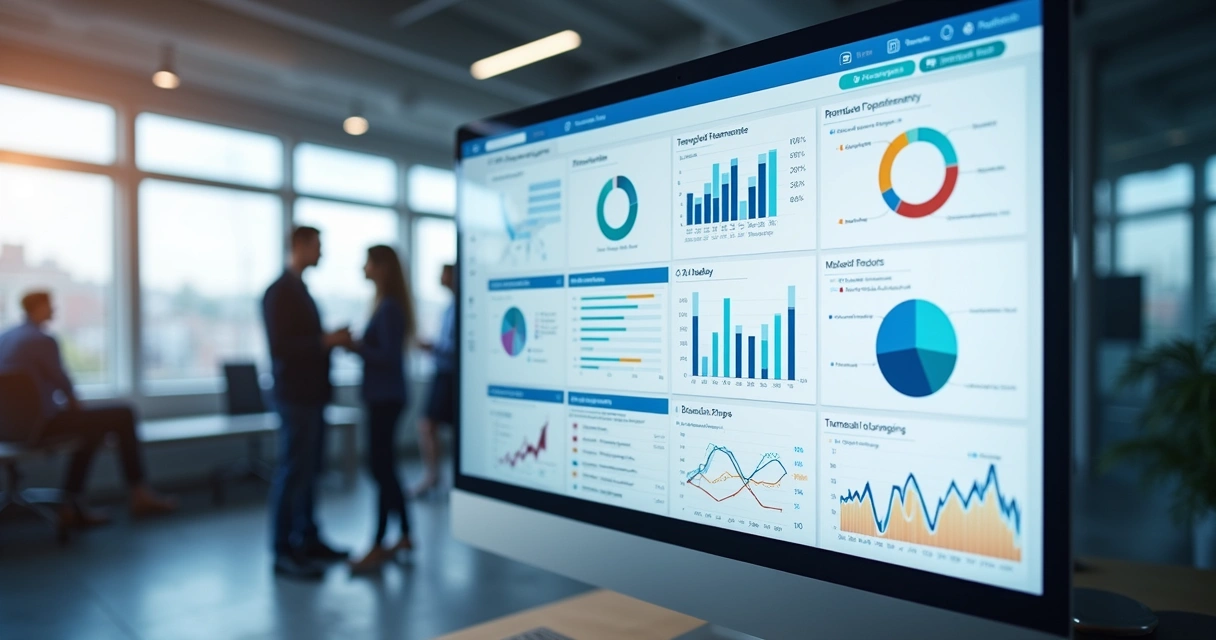 Tela de plataforma digital mostrando monitoramento de riscos e dados corporativos em gráficos e relatórios detalhados 