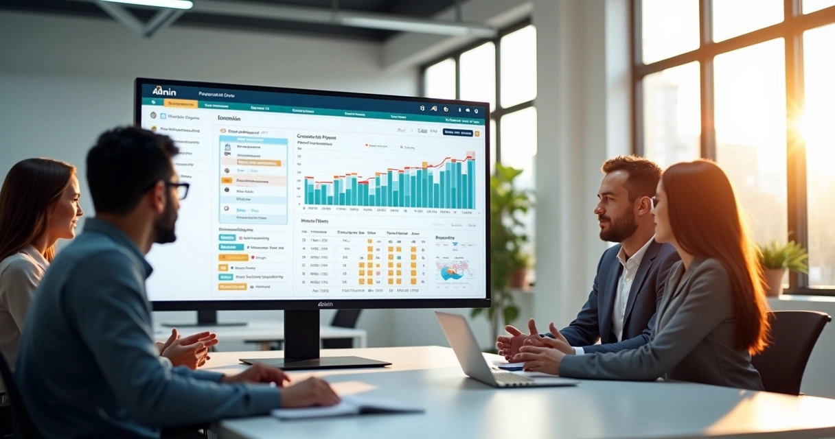 Painel digital mostrando consolidação de pedidos coletivos de lojas e franquias com gráficos e status de pagamentos 
