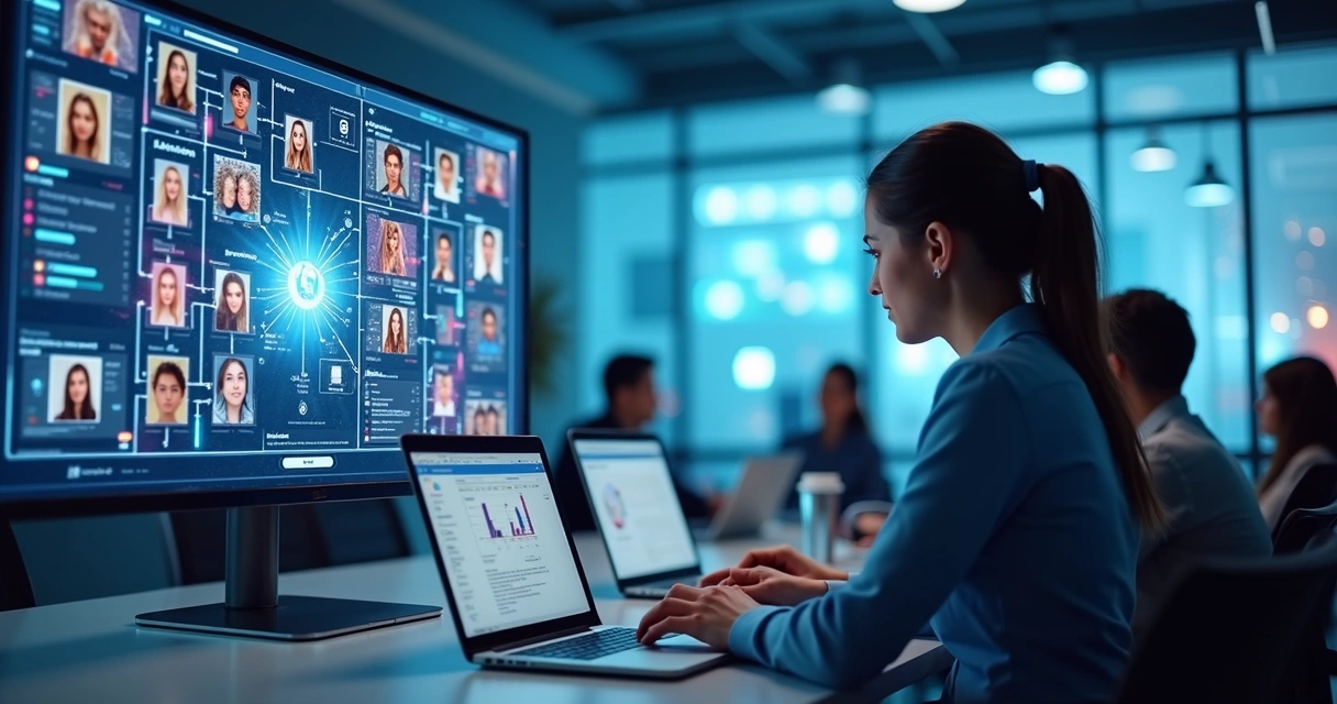 Interface digital mostrando conexão entre marcas e influenciadores com gráficos e filtros tecnológicos 
