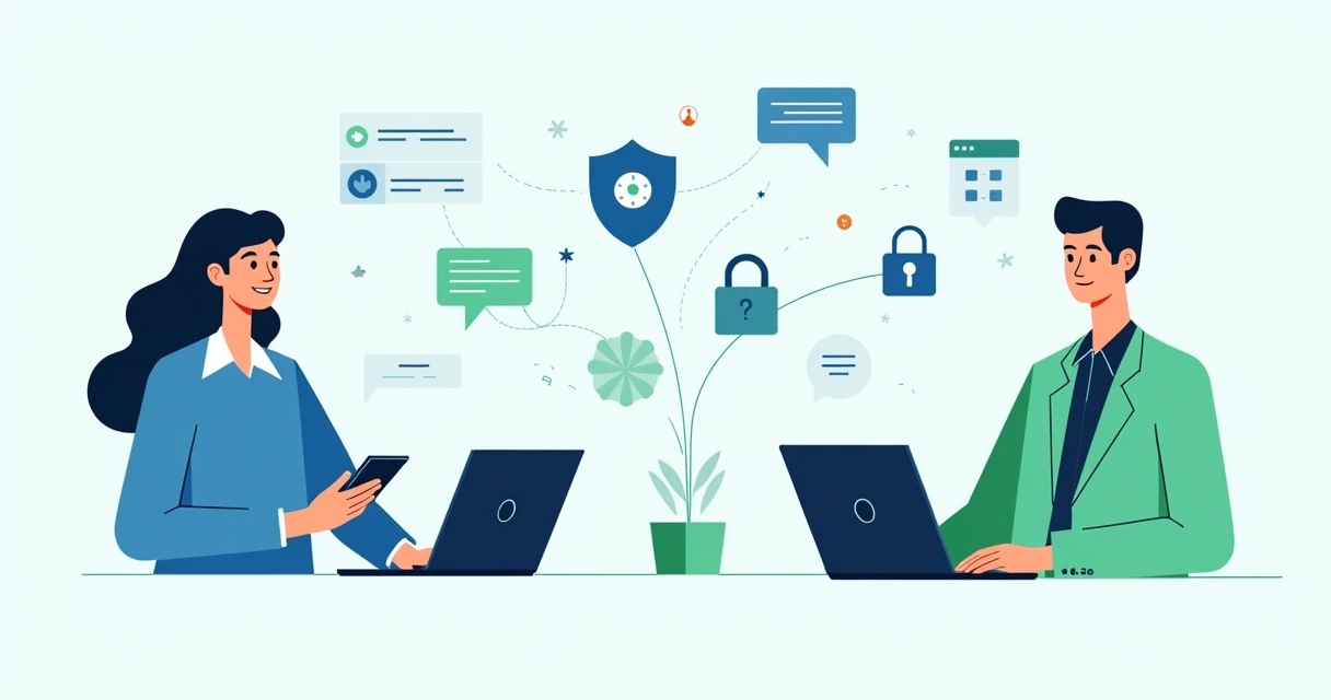Ilustração de um profissional e um usuário usando dispositivos para consultas online, com ícones de segurança ao fundo.