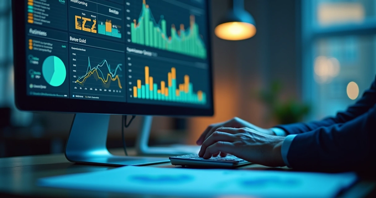 Tela de computador mostrando sistema contábil digital com gráficos