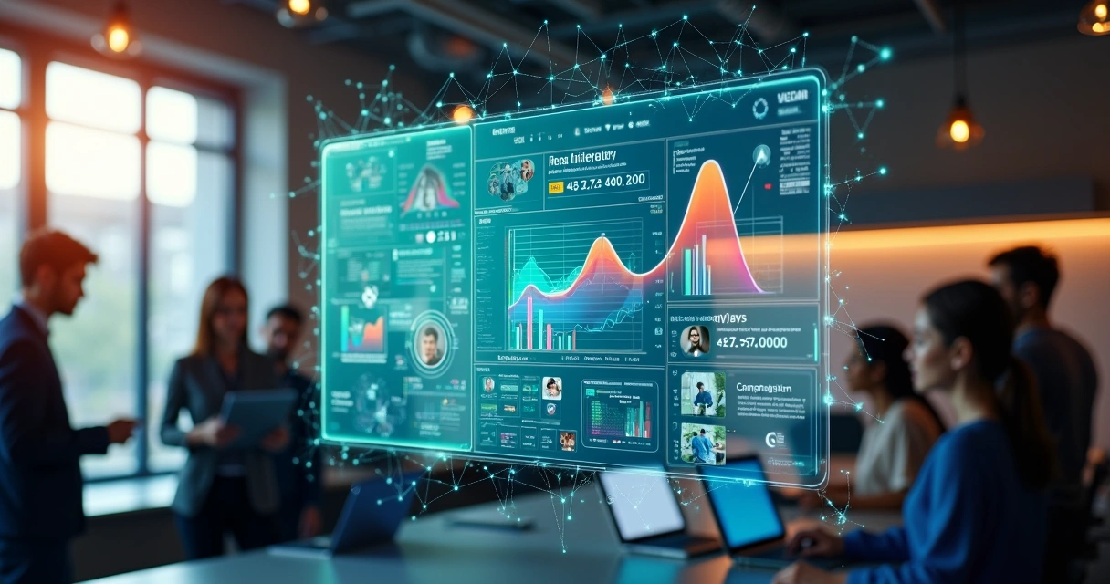 Tela digital mostrando plataforma de conexão entre marcas e criadores com gráficos e perfis de influenciadores 