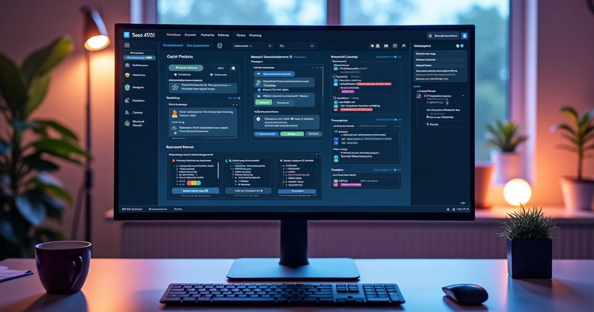 Interface gráfica de plataforma no-code para IA em tela widescreen 