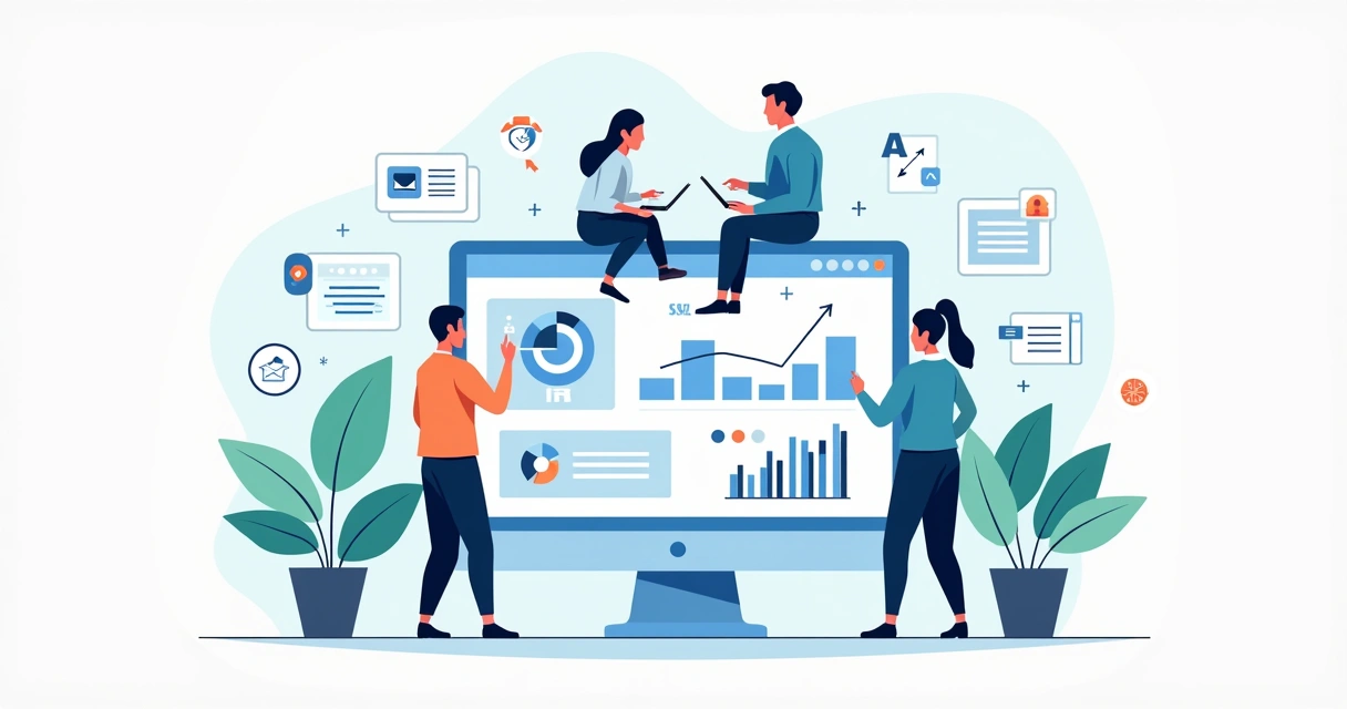 Ilustração de profissionais usando uma plataforma de criação de landing pages no computador 