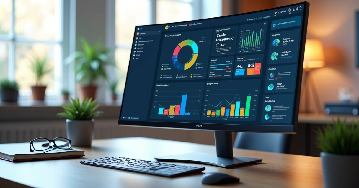 Tela de computador mostrando uma plataforma CRM para escritórios de contabilidade com gráficos, documentos digitais e perfis de clientes organizados 