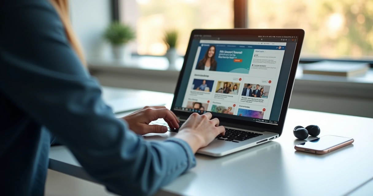 Pessoa utilizando laptop com interface de plataforma de cursos online na tela 