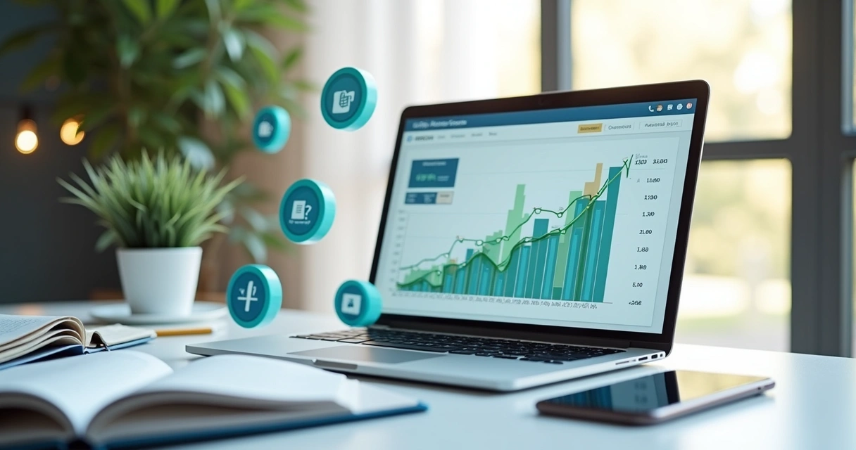 Tela de plataforma digital mostrando gráficos de receita crescente e interface de cursos online personalizados 