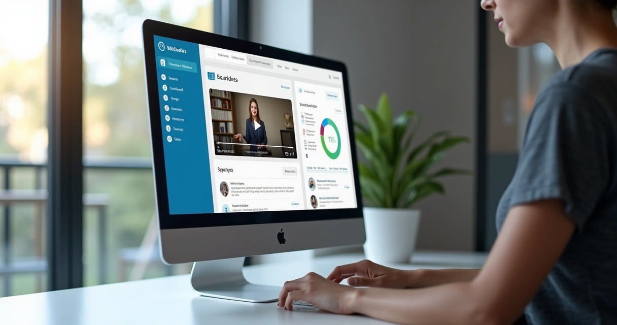 Tela inicial de uma plataforma de cursos online com áreas de vídeo e menu de módulos 