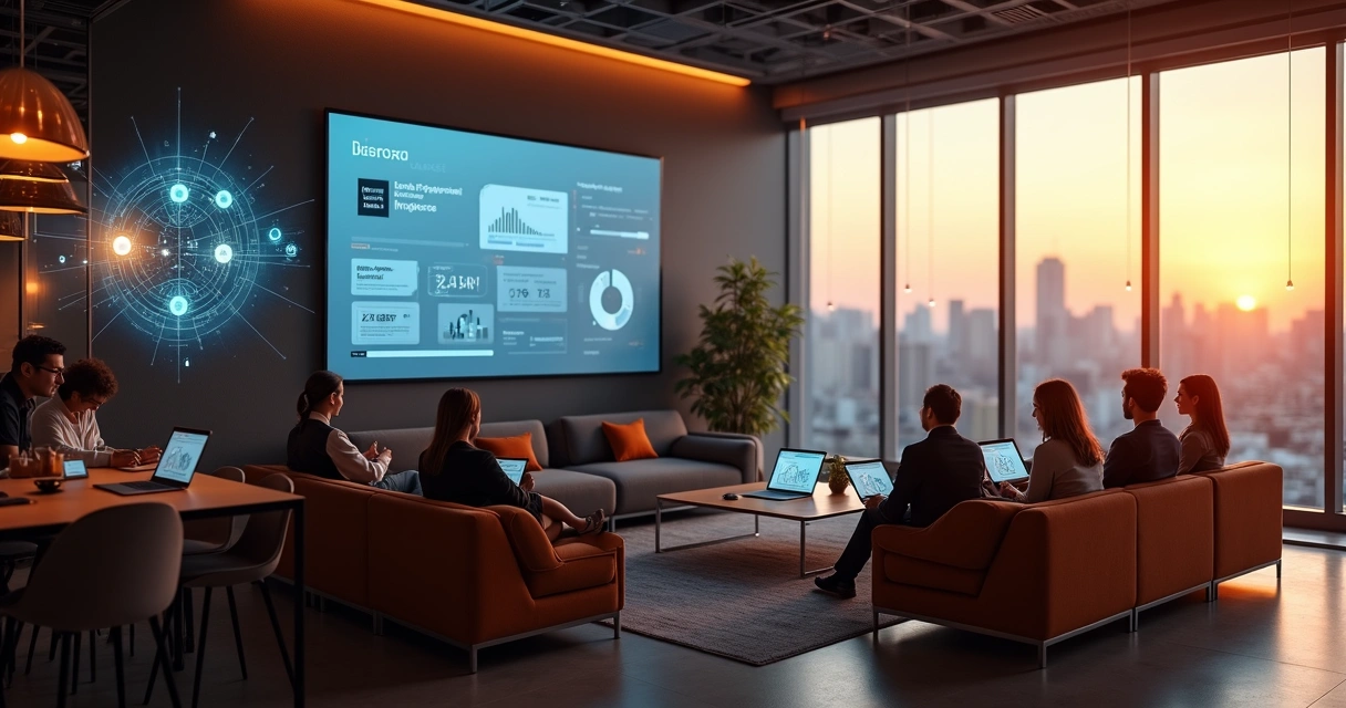 Equipe corporativa conectada assistindo treinamento em grande tela digital 