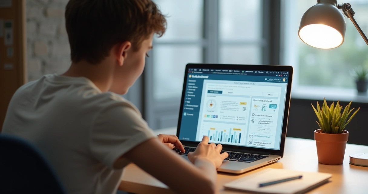 Pessoa estudando em laptop com plataforma de cursos digital ao fundo 